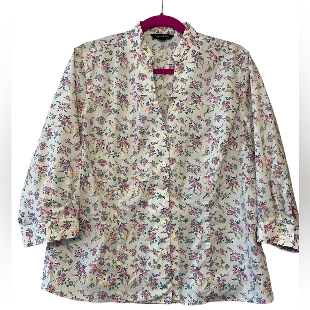 Lands' End Cream Floral Button-Down Shirt